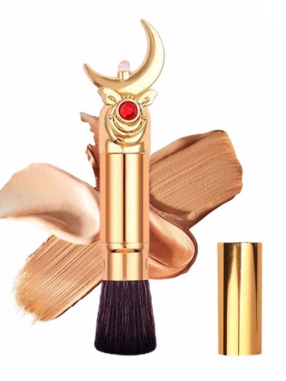 Gold Crescent Compact Kabuki Brush with Red Jewel - Women Makeup